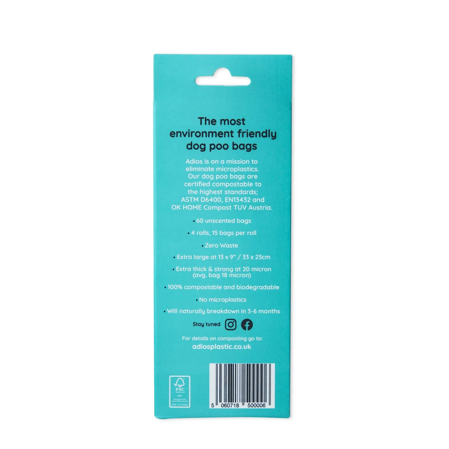 Adios Plastic - Compostable Dog Poo Bags - 4 Rolls in Grey (60 Bags)