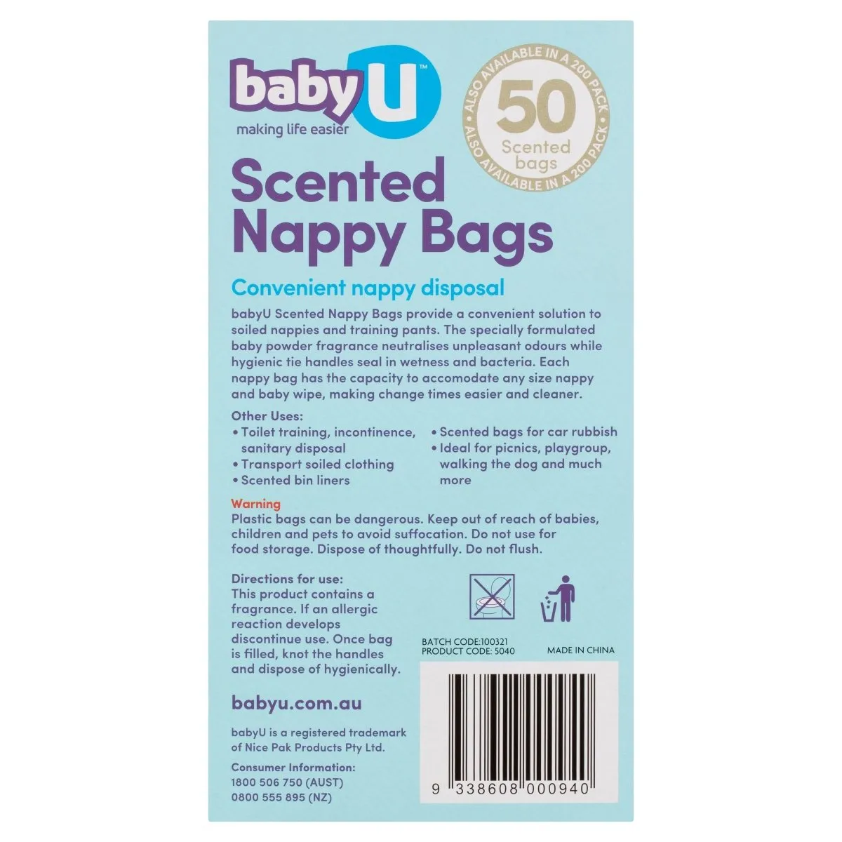 BabyU Scented Nappy Bags 50 Pack