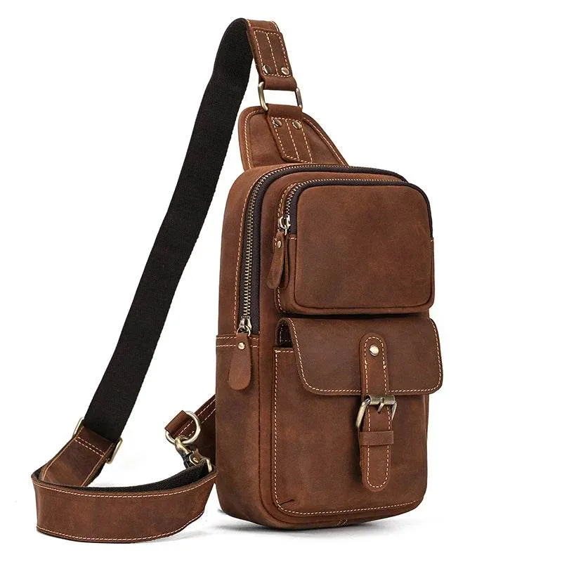 Big Size Leather Chest Bag Crazy Horse Sling Crossbody for Men