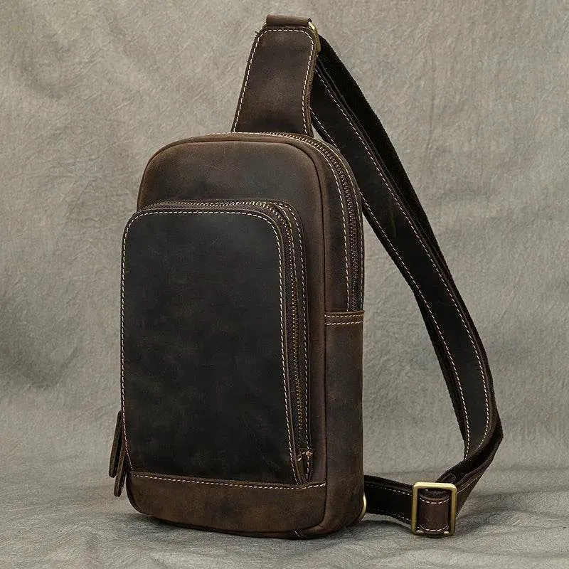 Big Size Leather Chest Bag Crazy Horse Sling Crossbody for Men