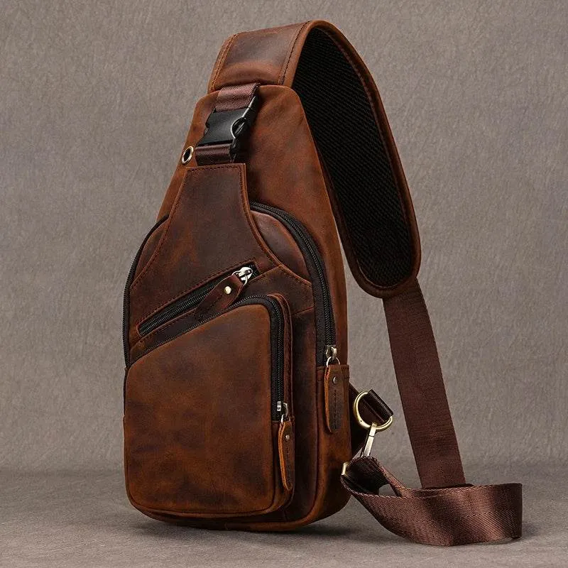 Big Size Leather Chest Bag Crazy Horse Sling Crossbody for Men