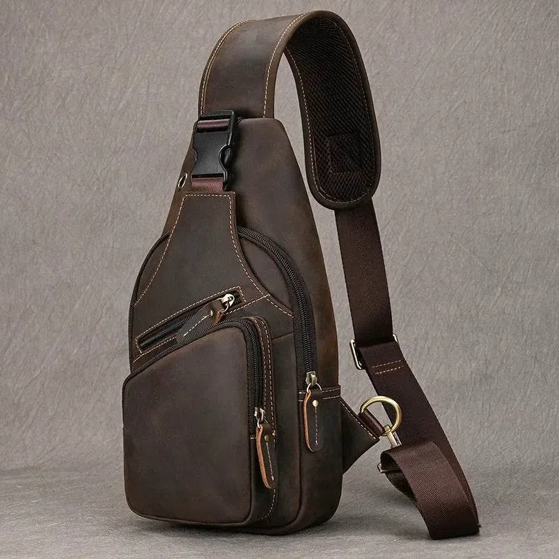 Big Size Leather Chest Bag Crazy Horse Sling Crossbody for Men