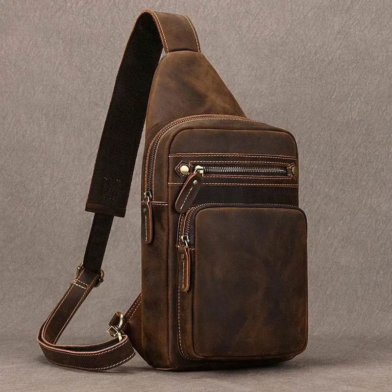 Big Size Leather Chest Bag Crazy Horse Sling Crossbody for Men