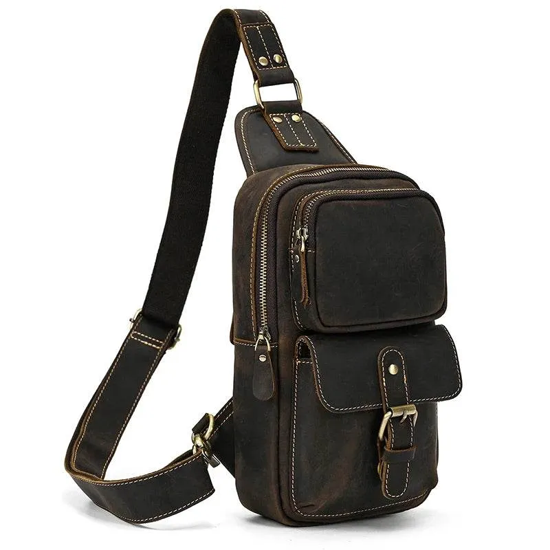 Big Size Leather Chest Bag Crazy Horse Sling Crossbody for Men