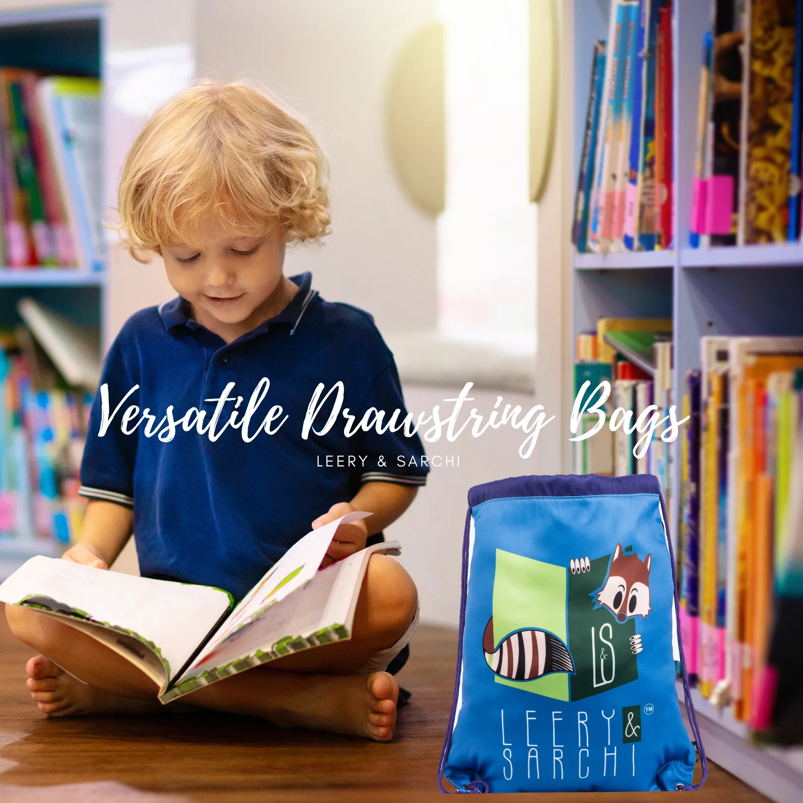 Blue Reading Fox Drawstring Library Swim Bags (Water Resistant)