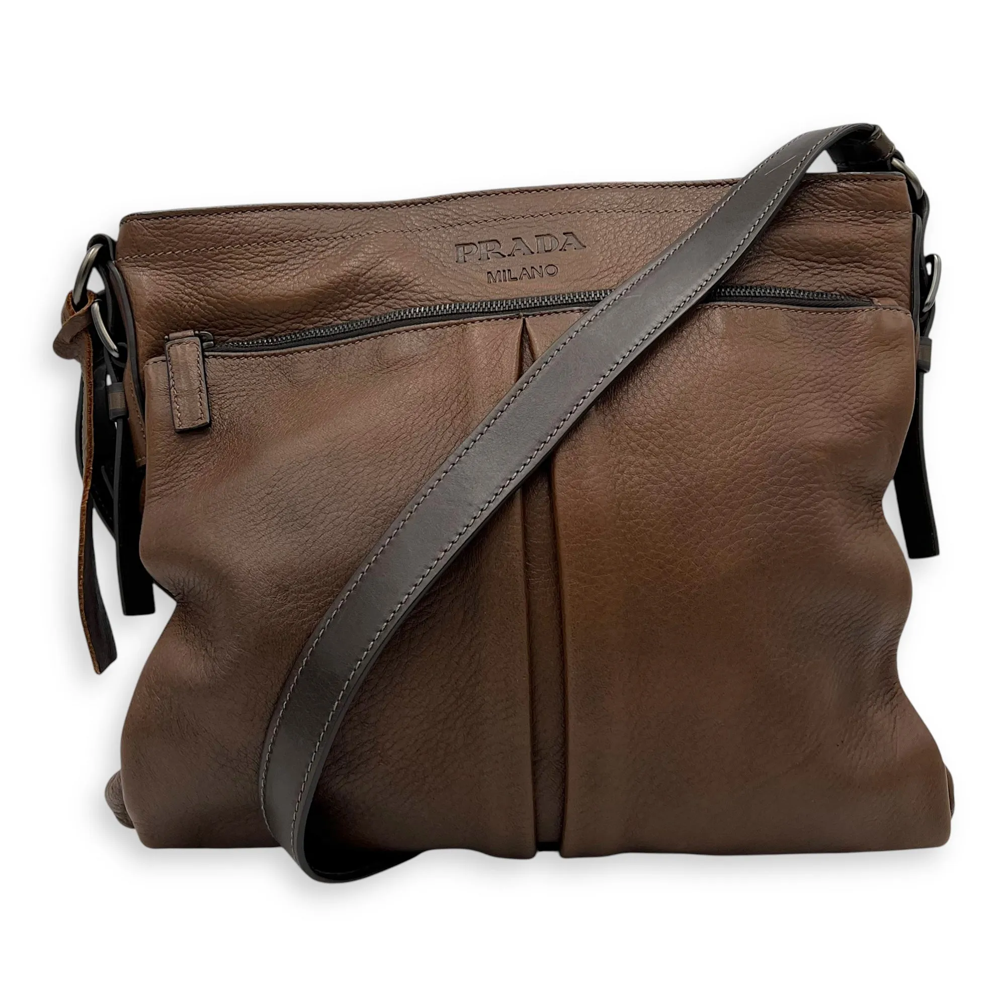 Cervo Crossbody Bag Medium Brown in Calfskin, Silver hardware