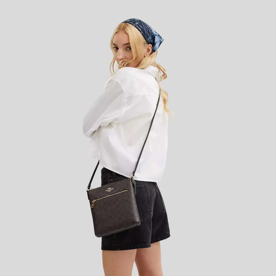 COACH Mini Rowan File Bag In Signature Canvas Walnut/Black RB-CW325