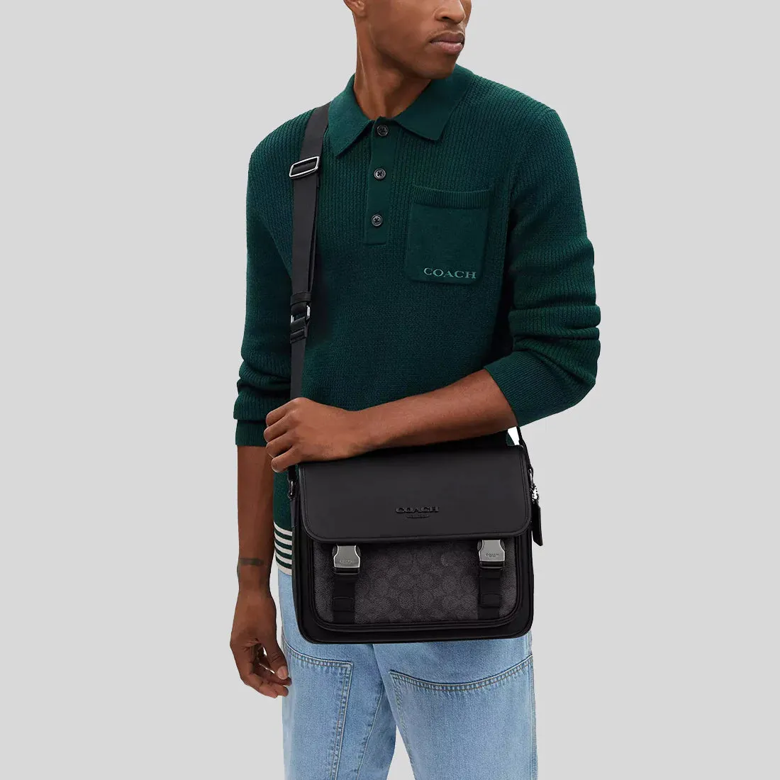 COACH Racer Messenger In Signature Canvas Charcoal/Black RS-CT716