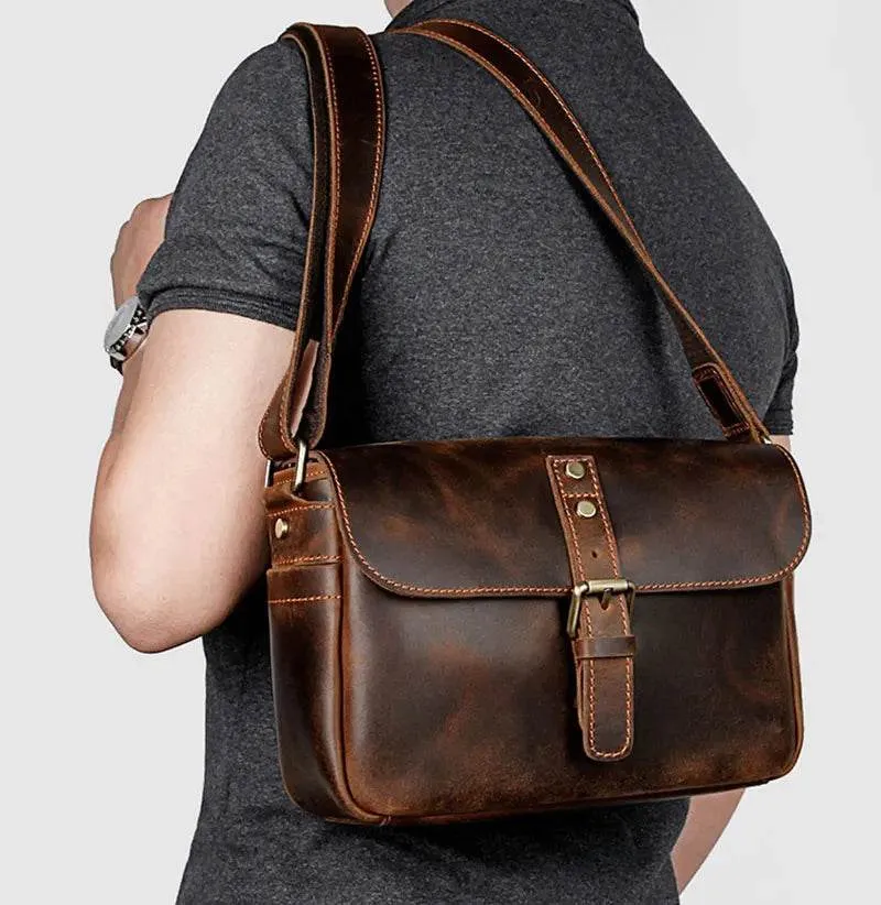 Cowhide Men’s Crossbody Bag Vintage Leather School Messenger Bag