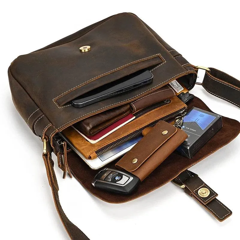 Cowhide Men’s Crossbody Bag Vintage Leather School Messenger Bag
