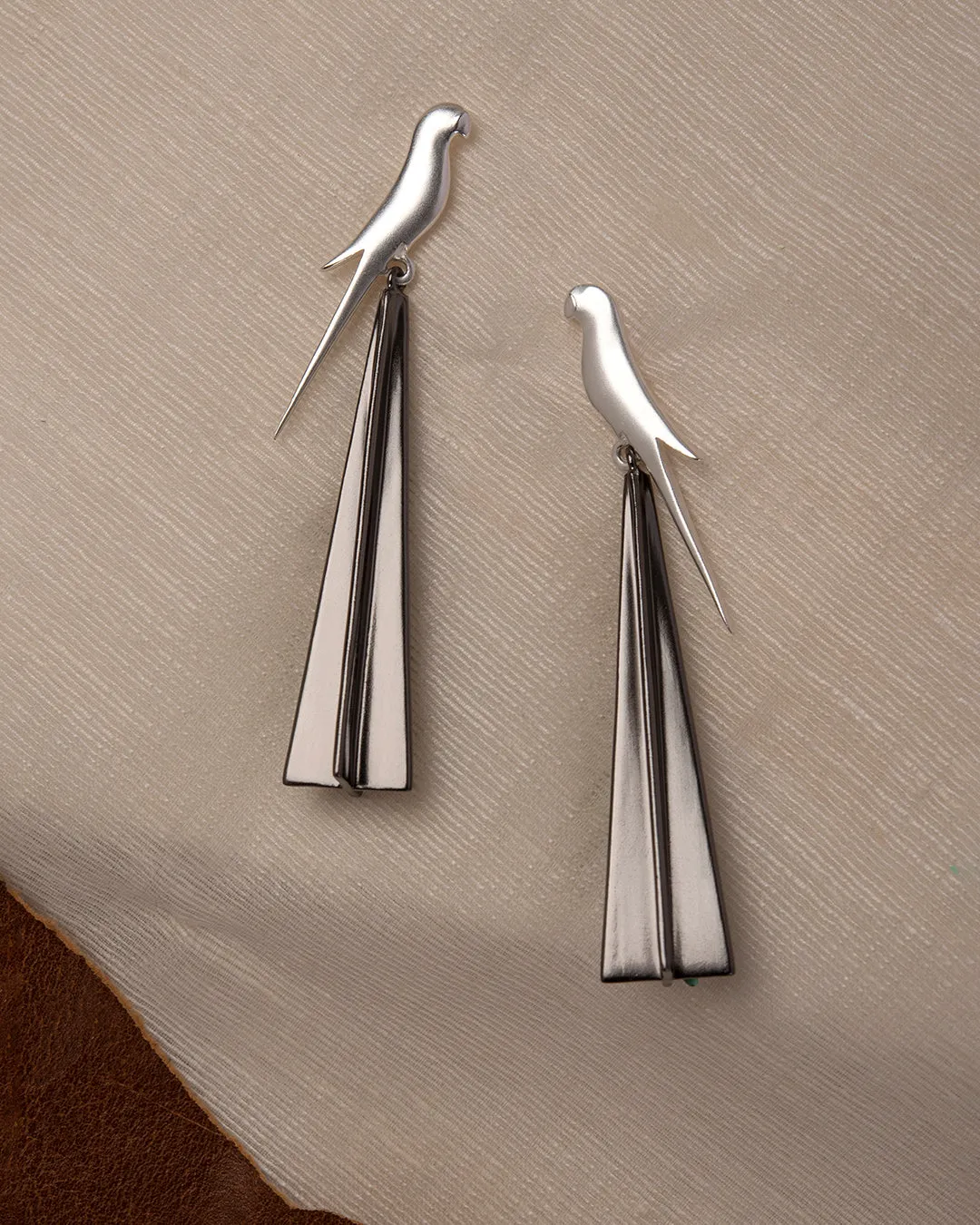 Fashion Jewellery-Silver/Ruthenium plated on Brass-Earring Perched tota-Black/Silver-R2024-01-ER-SB-Fashion Edit Rumri Jewellery
