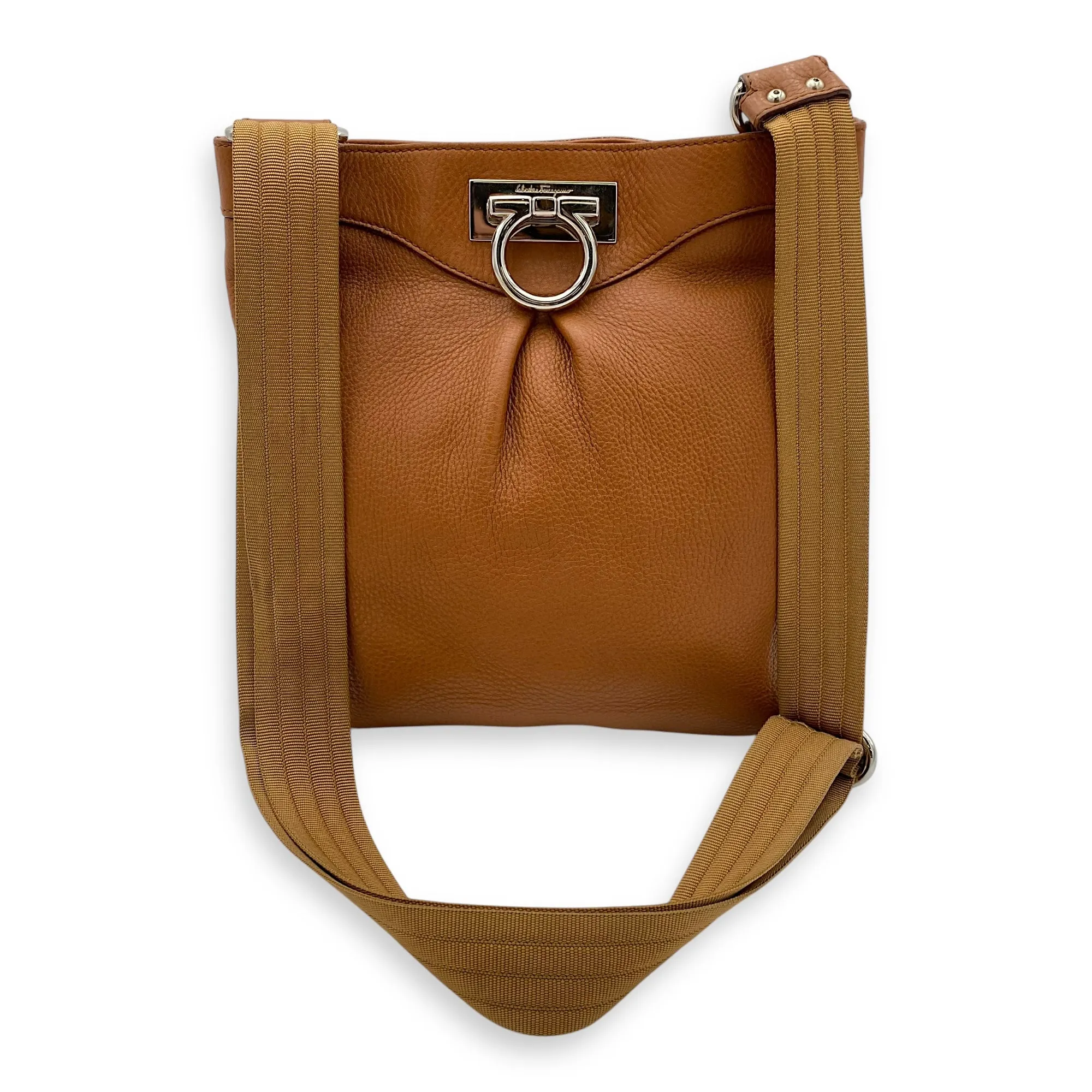 Gancini Crossbody Bag Brown in Calfskin, Silver hardware