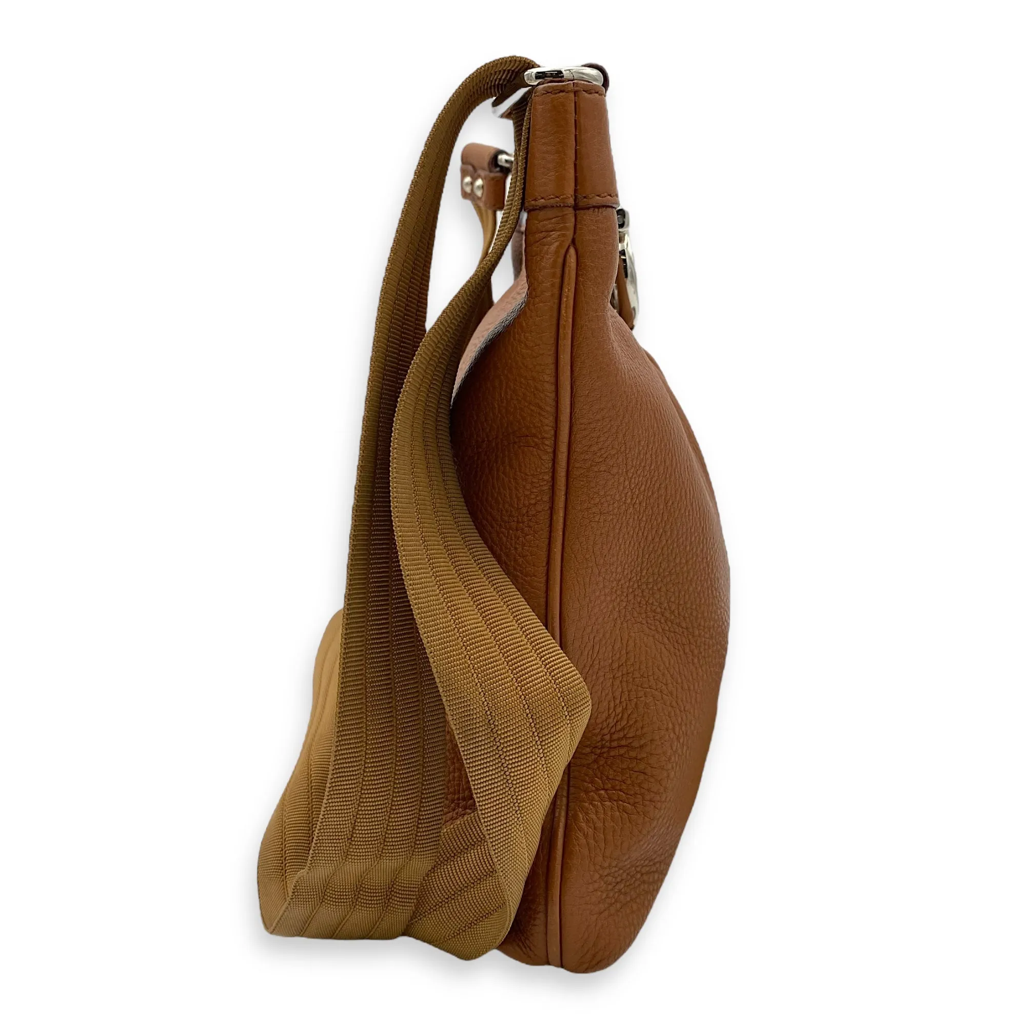 Gancini Crossbody Bag Brown in Calfskin, Silver hardware
