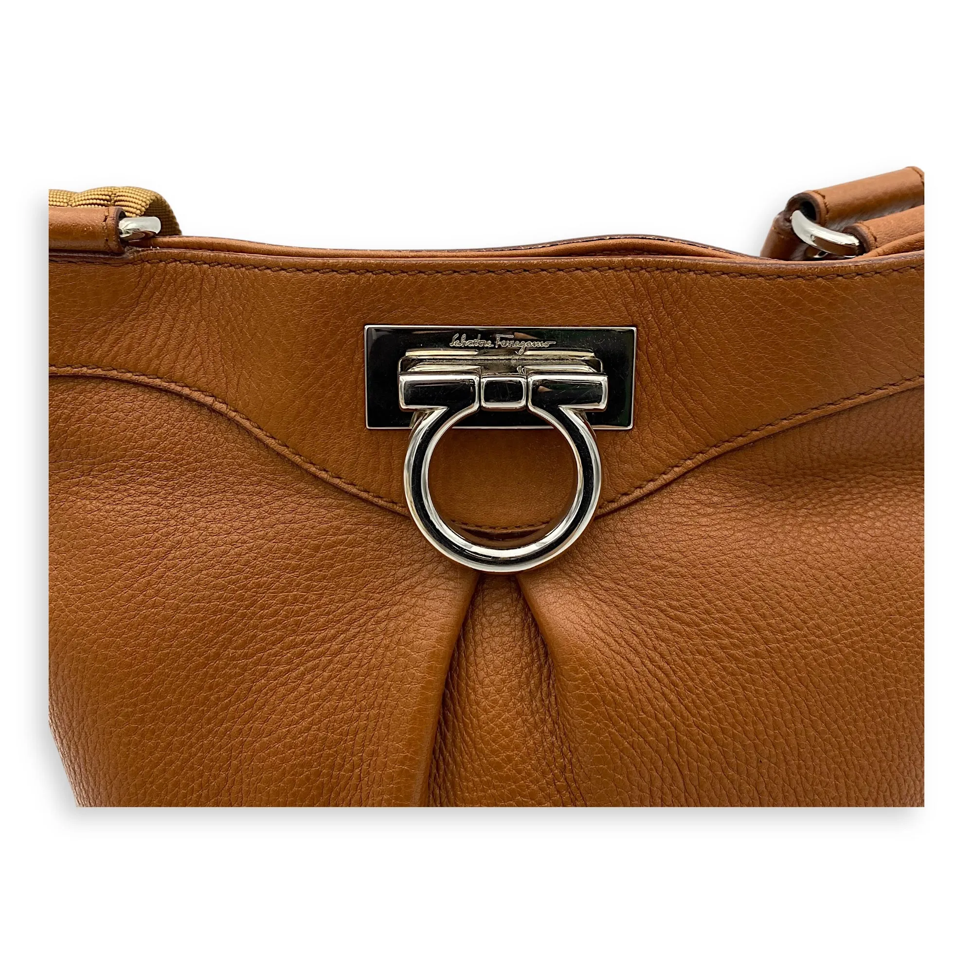 Gancini Crossbody Bag Brown in Calfskin, Silver hardware