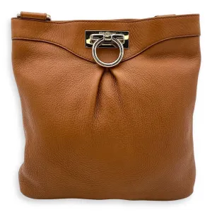 Gancini Crossbody Bag Brown in Calfskin, Silver hardware