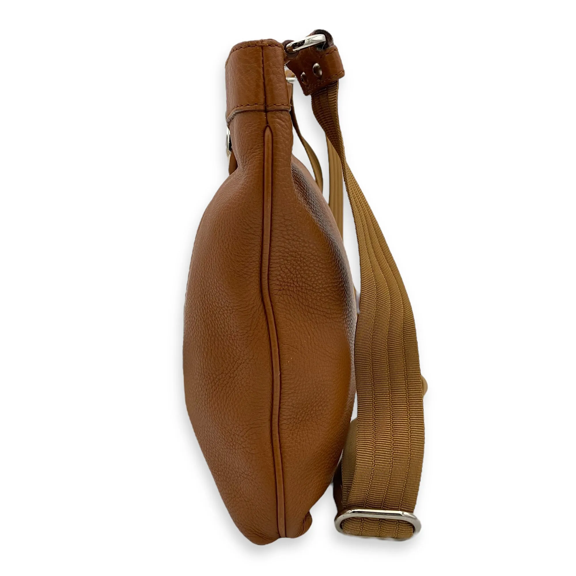 Gancini Crossbody Bag Brown in Calfskin, Silver hardware