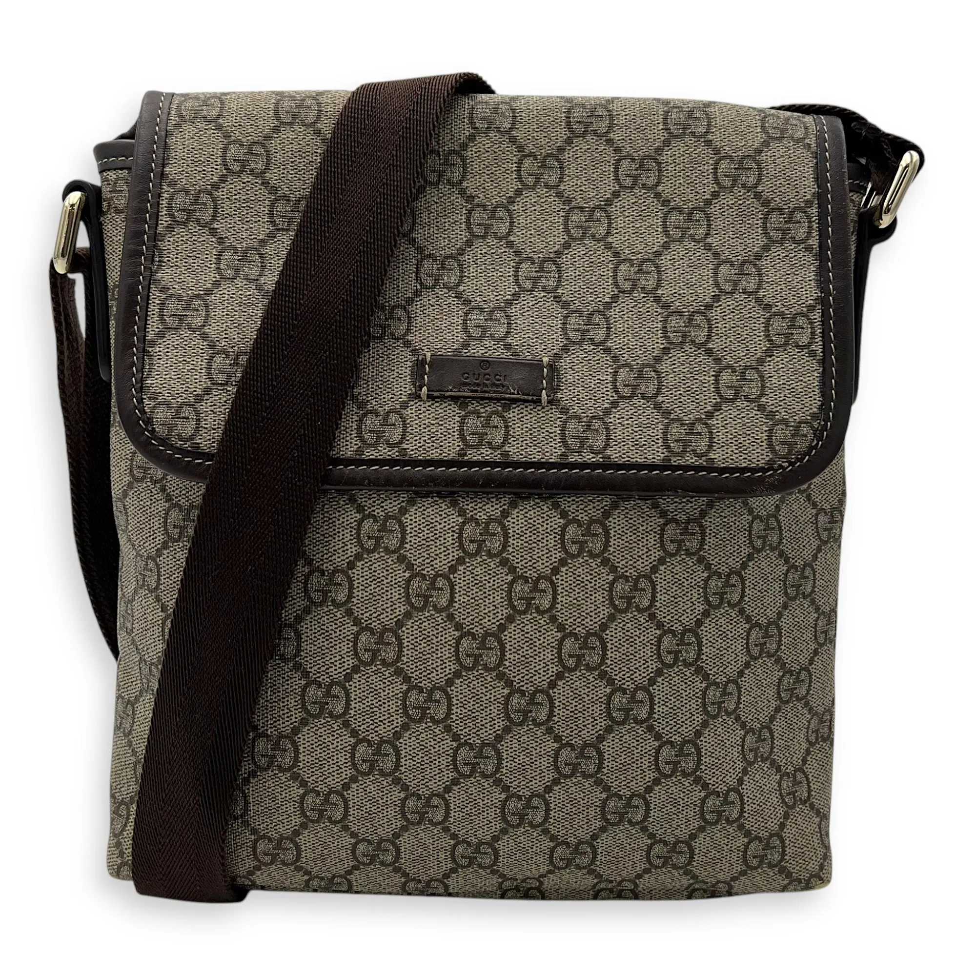 GG Supreme Brown Crossbody Bag in Monogram Coated Canvas, Gold hardware