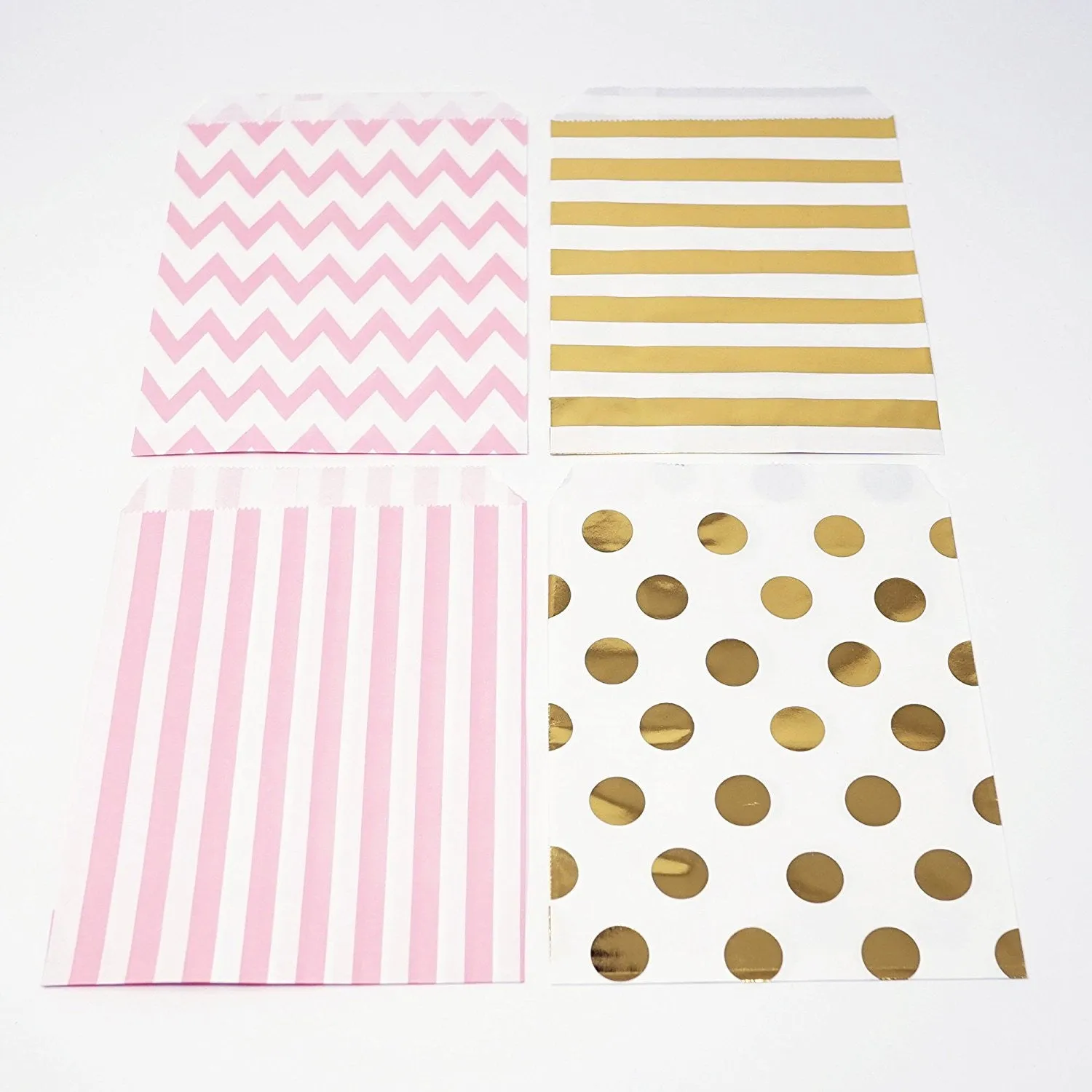Gold and Pink Polka Dot, Stripe, Chevron Paper Treat Favor Bags 5x7 Gift Bags - 48 count