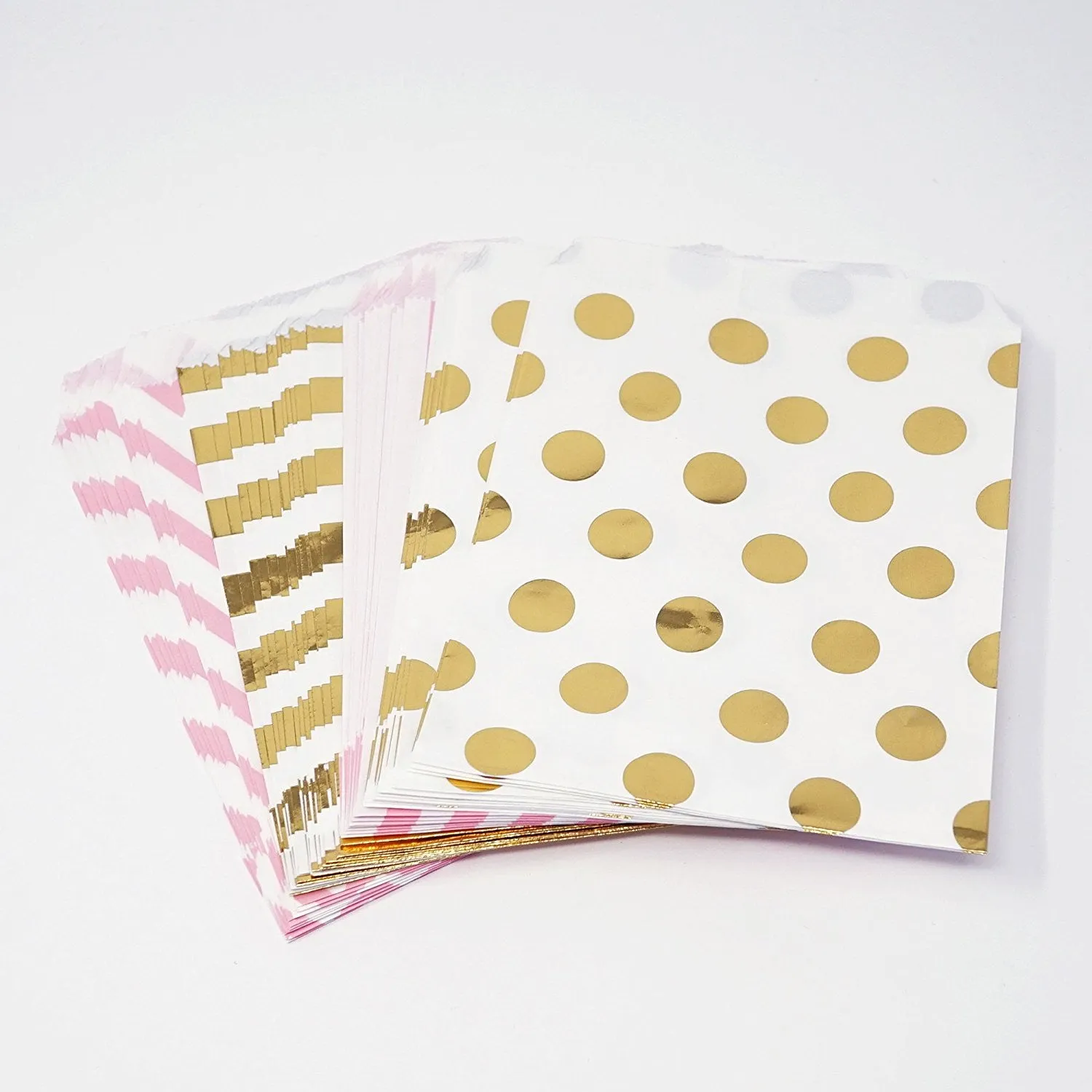 Gold and Pink Polka Dot, Stripe, Chevron Paper Treat Favor Bags 5x7 Gift Bags - 48 count