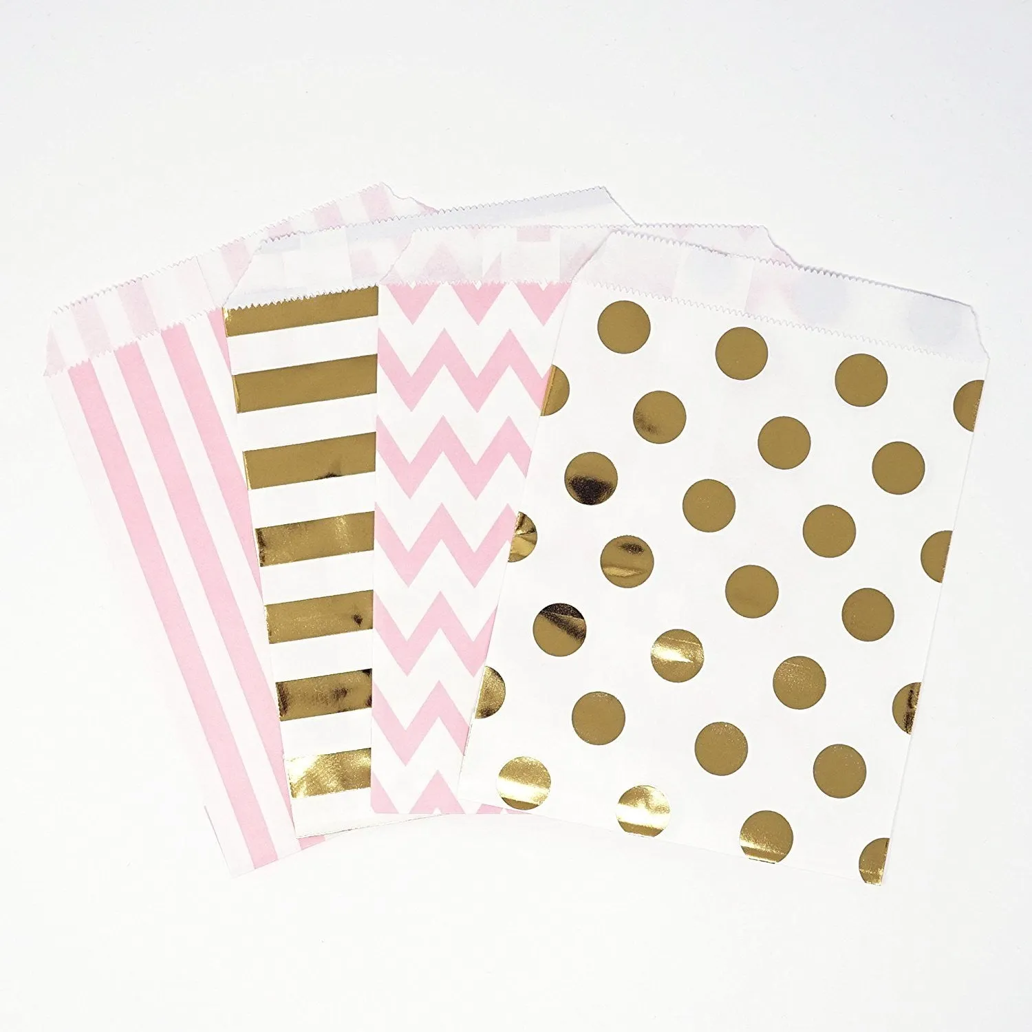 Gold and Pink Polka Dot, Stripe, Chevron Paper Treat Favor Bags 5x7 Gift Bags - 48 count