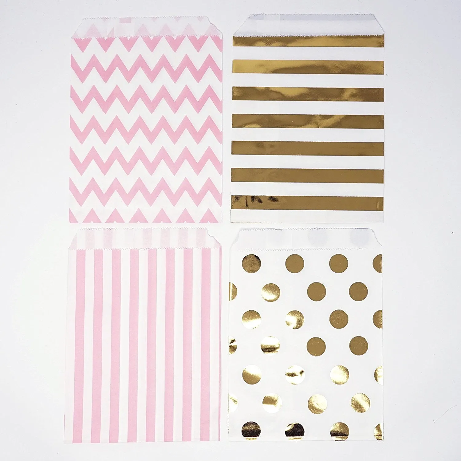 Gold and Pink Polka Dot, Stripe, Chevron Paper Treat Favor Bags 5x7 Gift Bags - 48 count