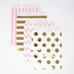 Gold and Pink Polka Dot, Stripe, Chevron Paper Treat Favor Bags 5x7 Gift Bags - 48 count