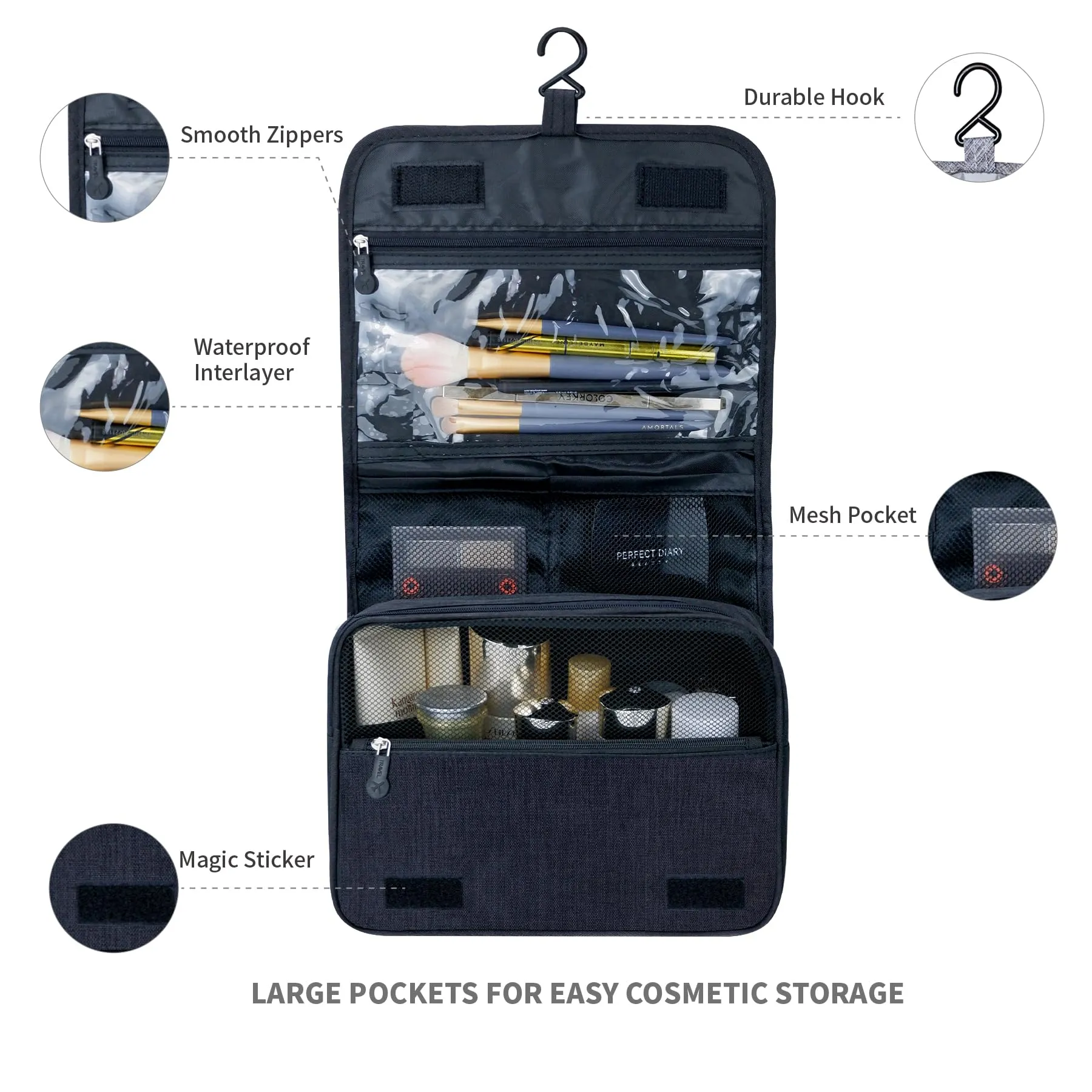 Lcsmaokin Large Capacity Toiletry Bag Travel Bag with Hanging Hook for Men and Women Waterproof Travel Cosmetic Bag Bathroom,with White Bag is Automatically Closed for Headset Lipstick Jewelry