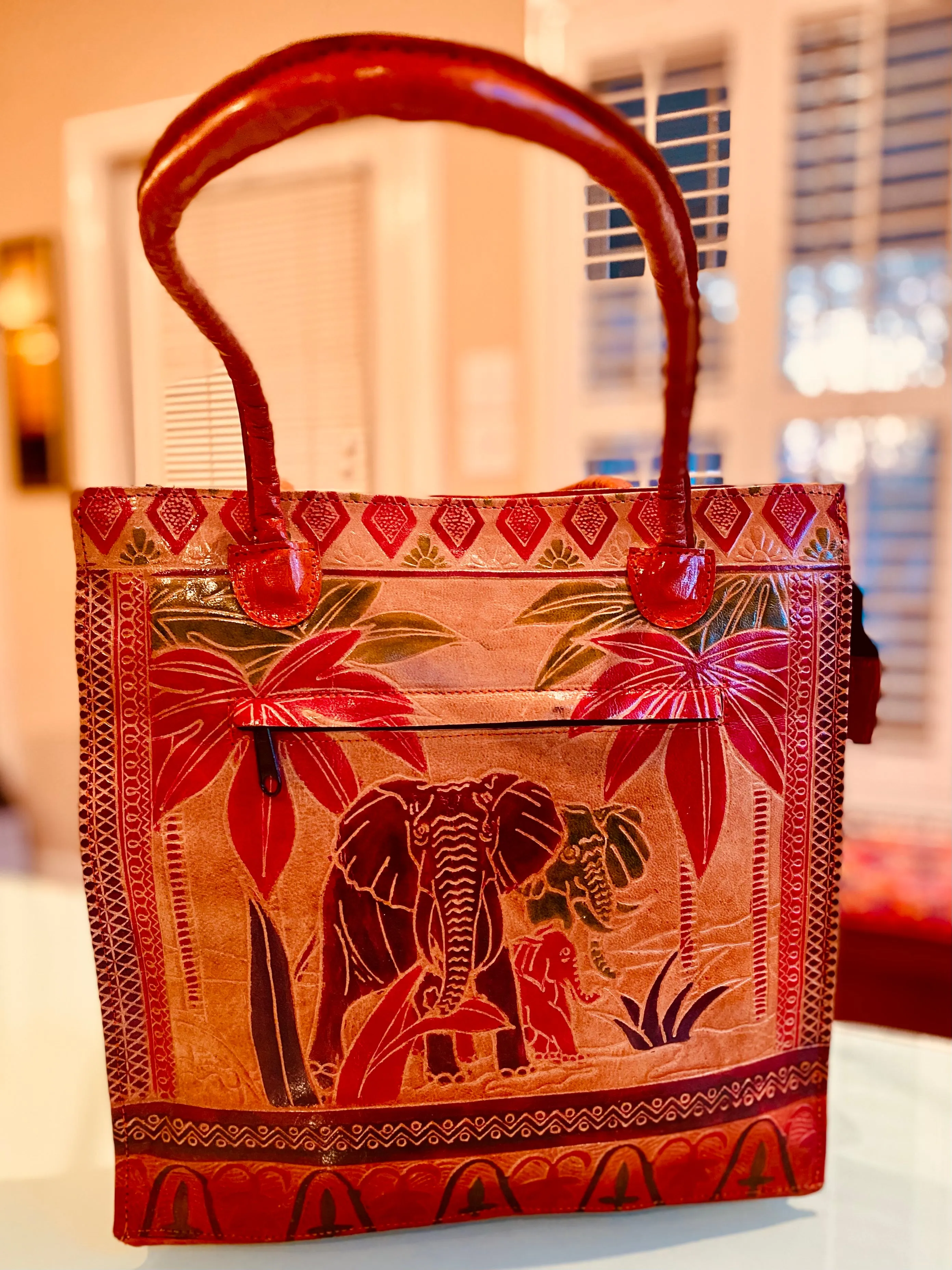 LEATHER PURSE elephant print with diamond border (Large)