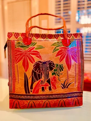LEATHER PURSE elephant print with diamond border (Large)