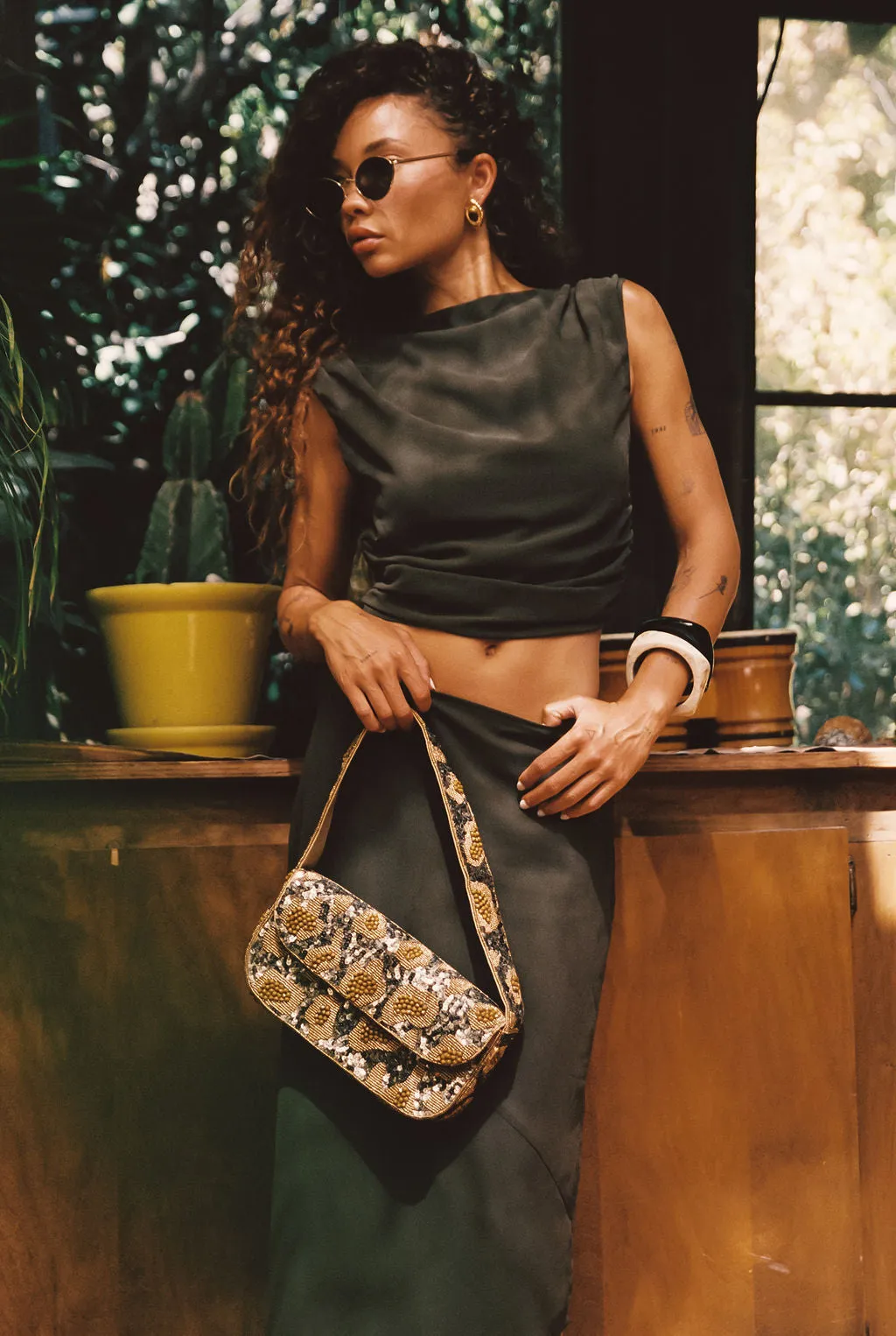 Lucy Brown Beaded Spotted Print Bag
