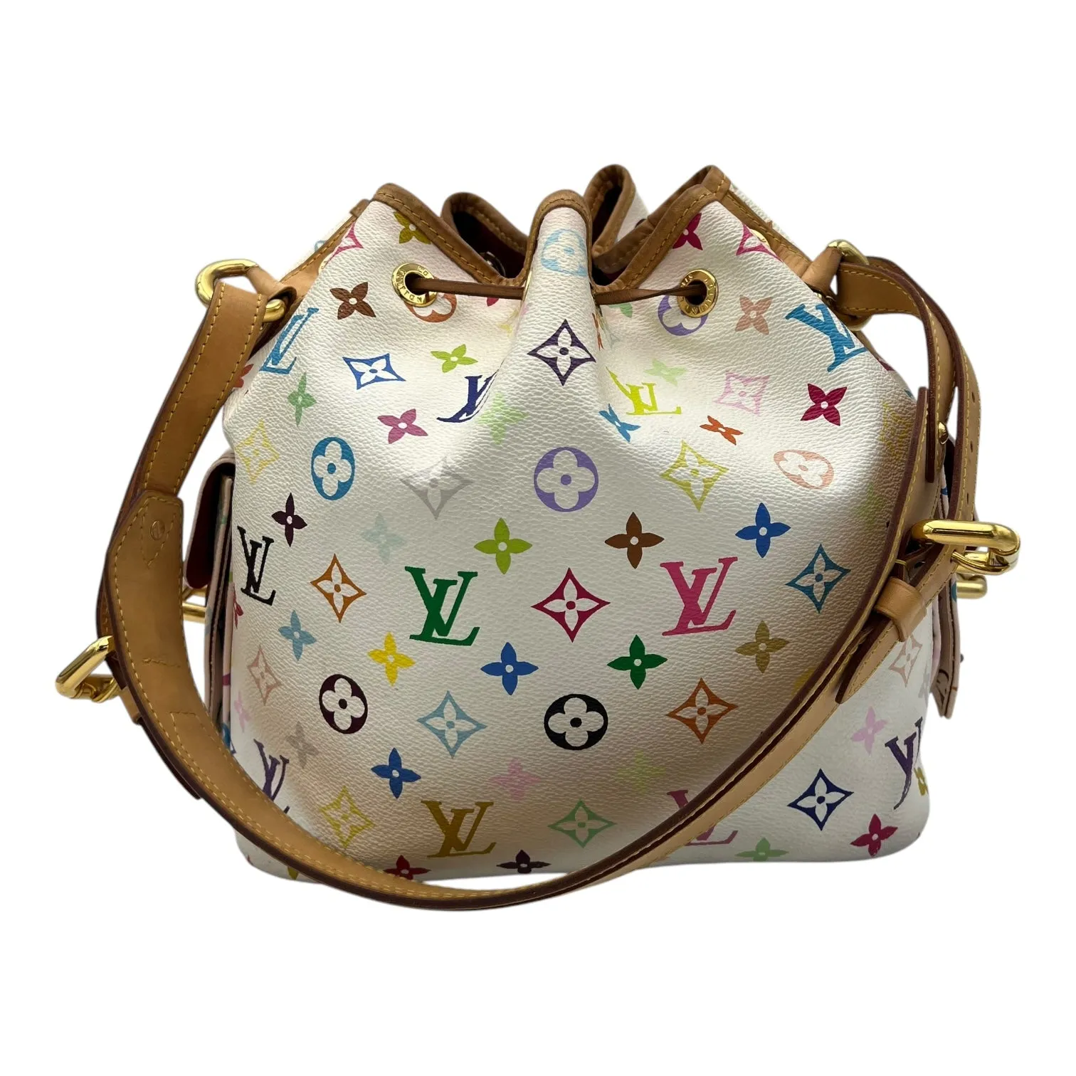 Murakami bucket Shoulder Bag White in Coated Canvas, Gold hardware