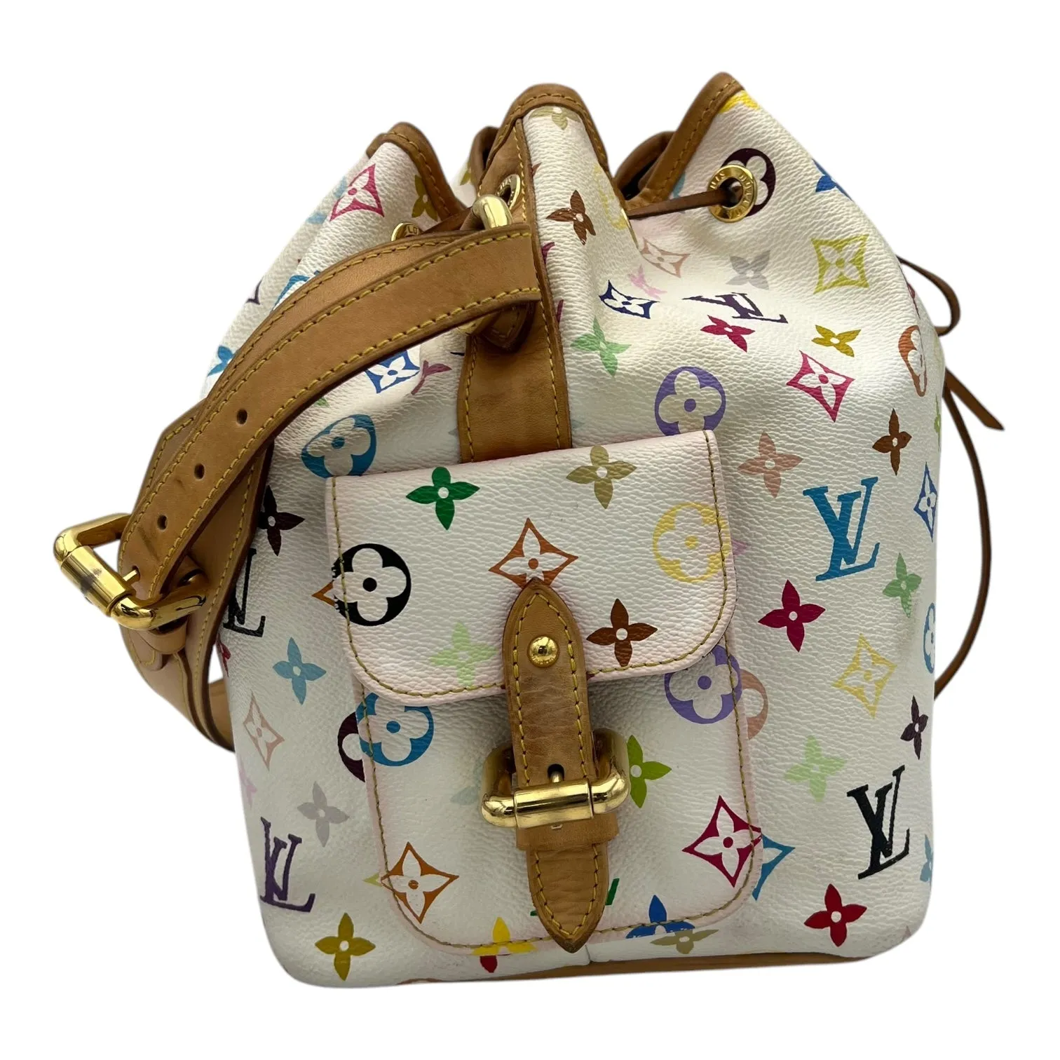 Murakami bucket Shoulder Bag White in Coated Canvas, Gold hardware