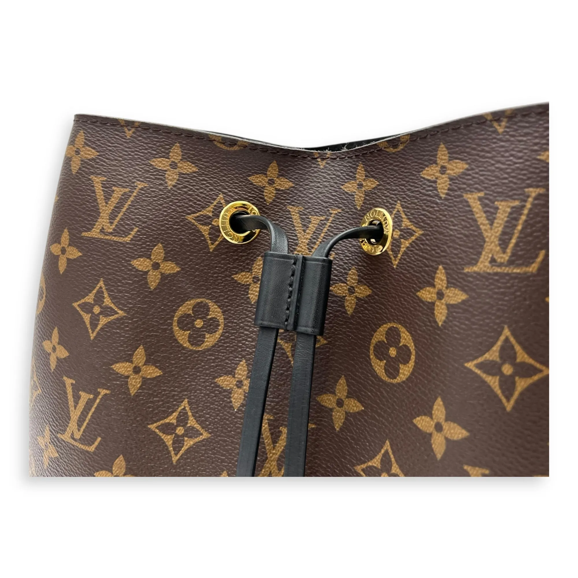 NeoNoe MM Brown Bucket Bag in Monogram Coated Canvas, Gold hardware