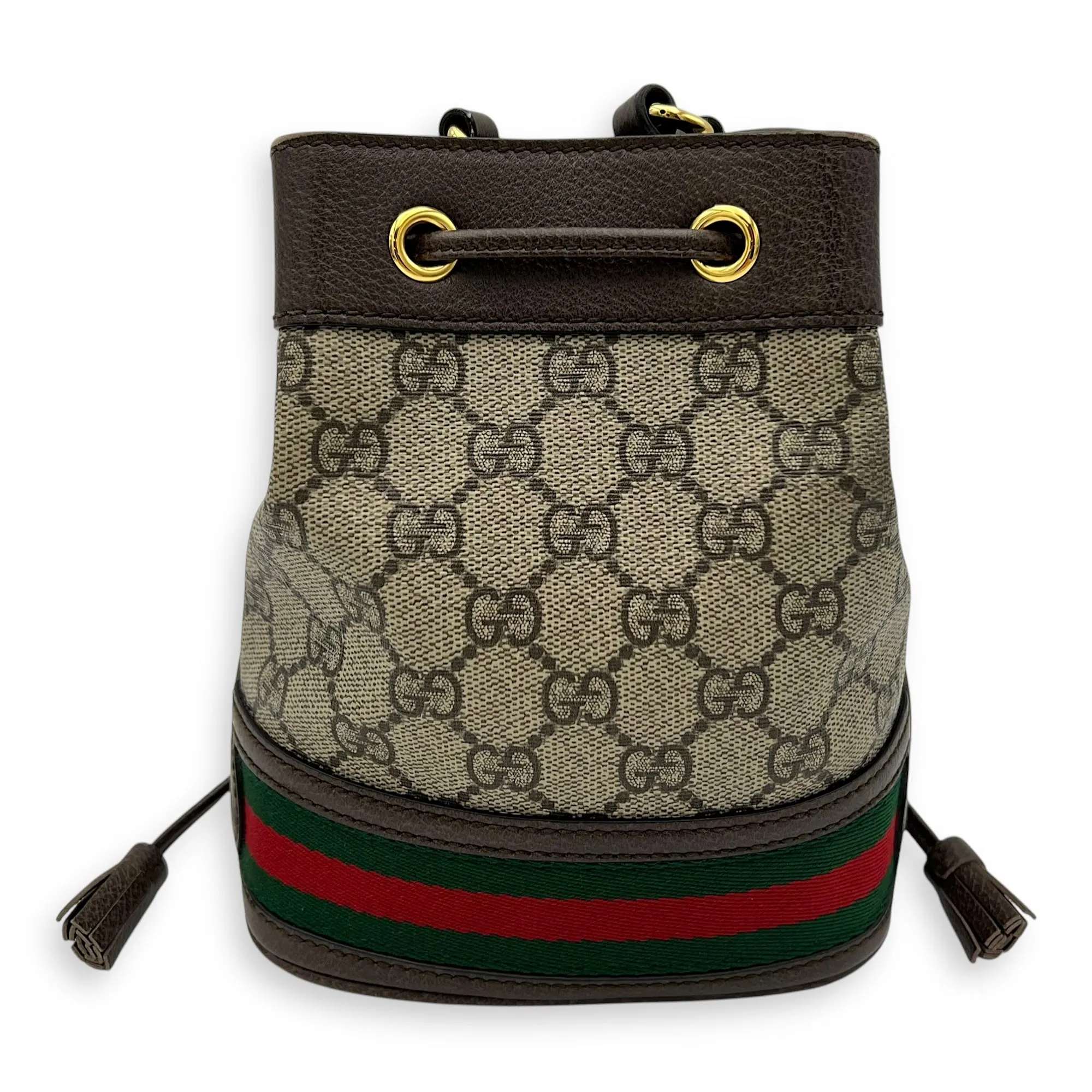 Ophidia Brown Bucket Bag in Monogram Coated Canvas, Gold hardware