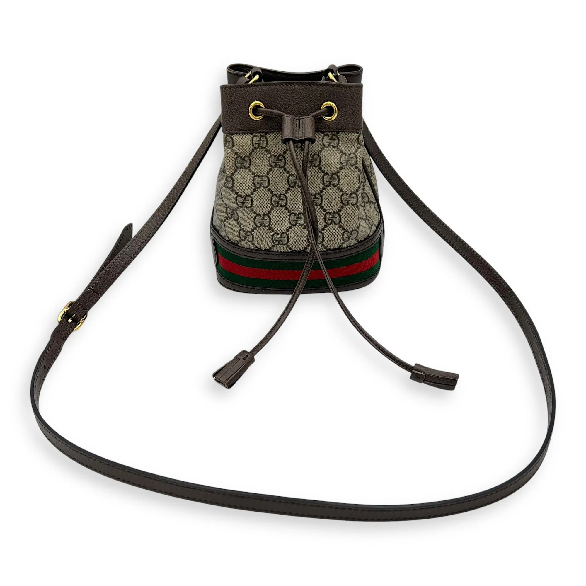 Ophidia Brown Bucket Bag in Monogram Coated Canvas, Gold hardware