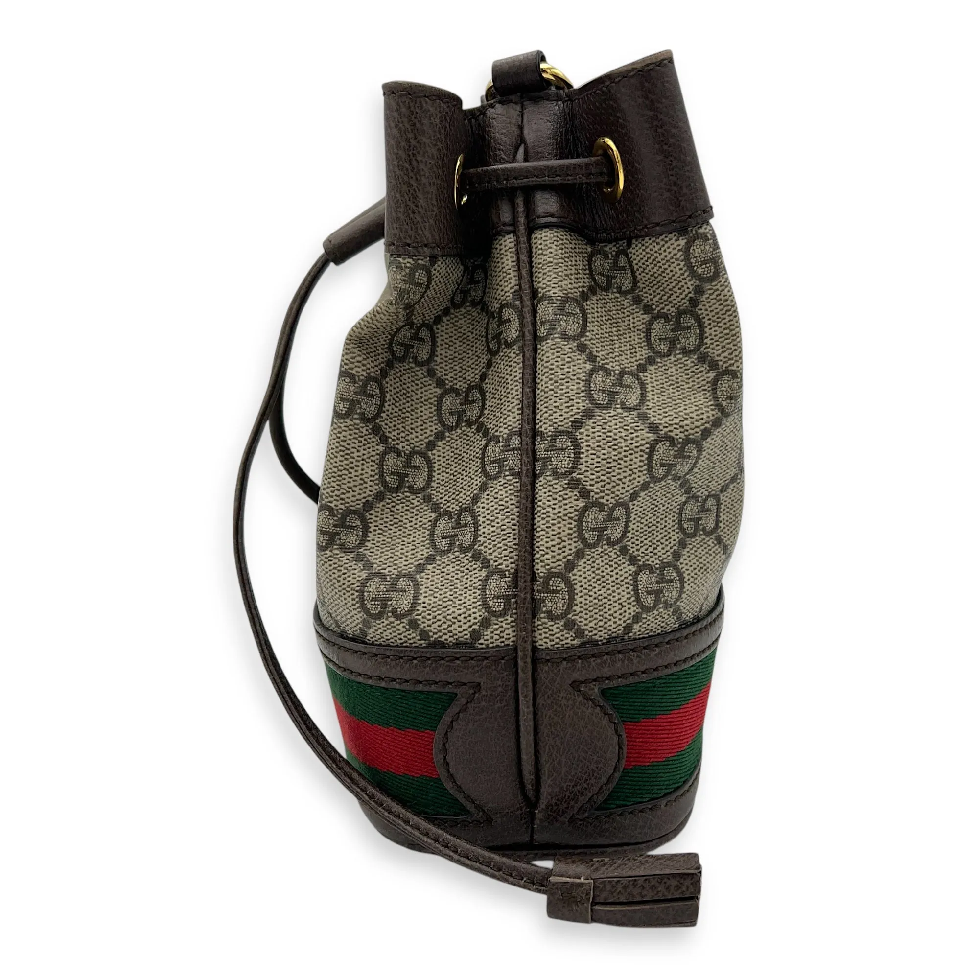 Ophidia Brown Bucket Bag in Monogram Coated Canvas, Gold hardware