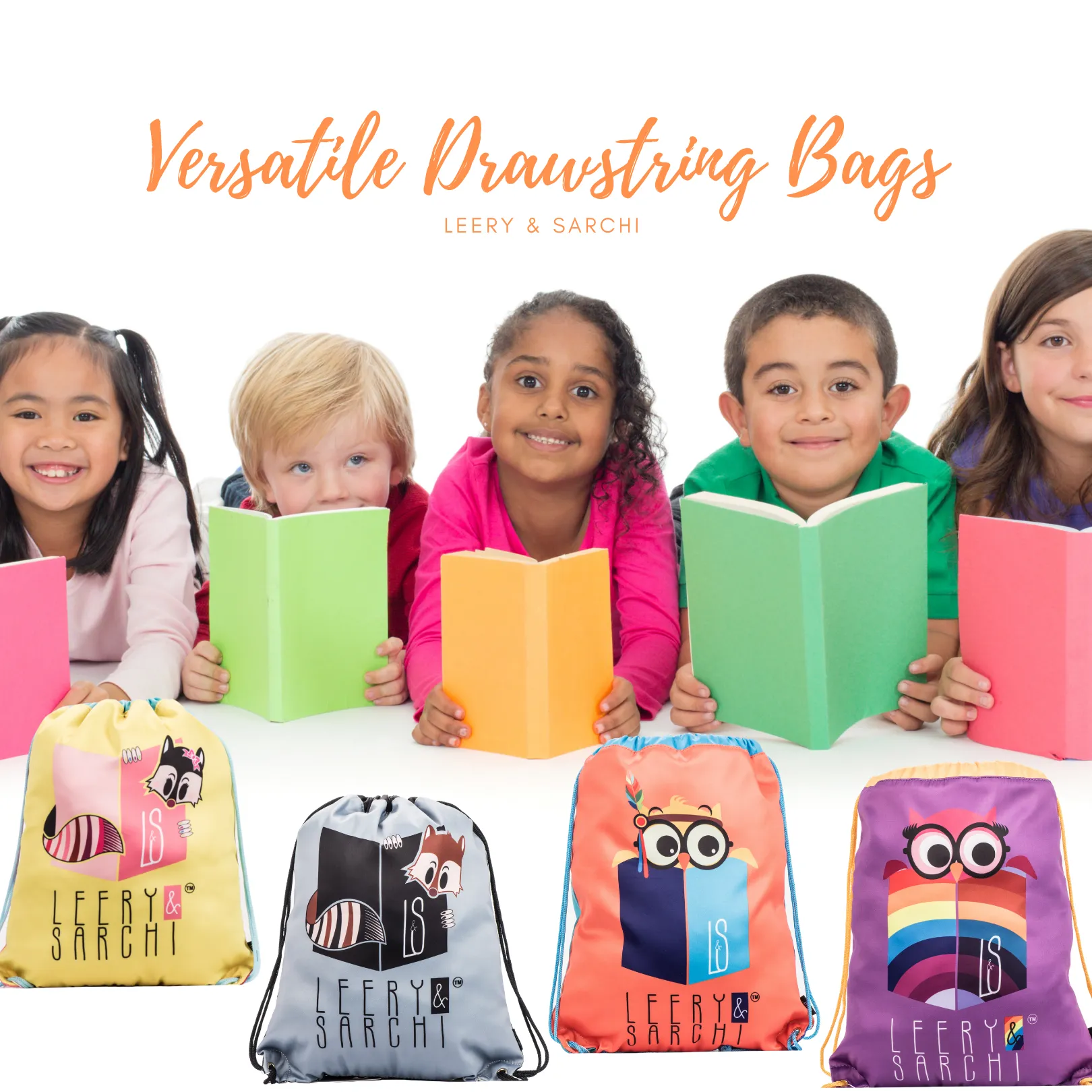 Orange Reading Owl Drawstring Library Swim Bags (Water Resistant)