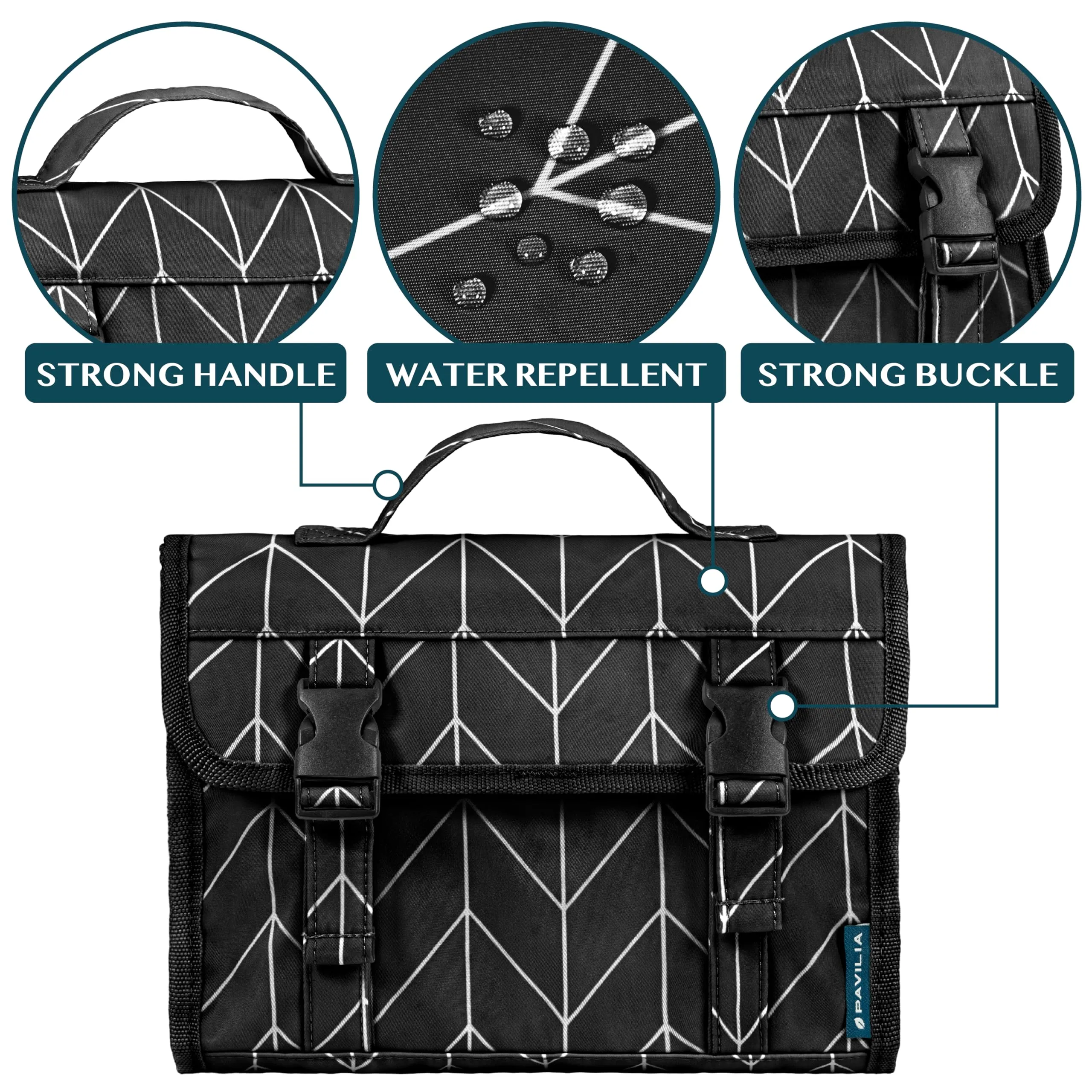 PAVILIA Travel Hanging Toiletry Bag for Women Men, Large Capacity Makeup Bag Kit, Waterproof Cosmetic Storage Organizer Case for Bathroom Shower, Black Chevron