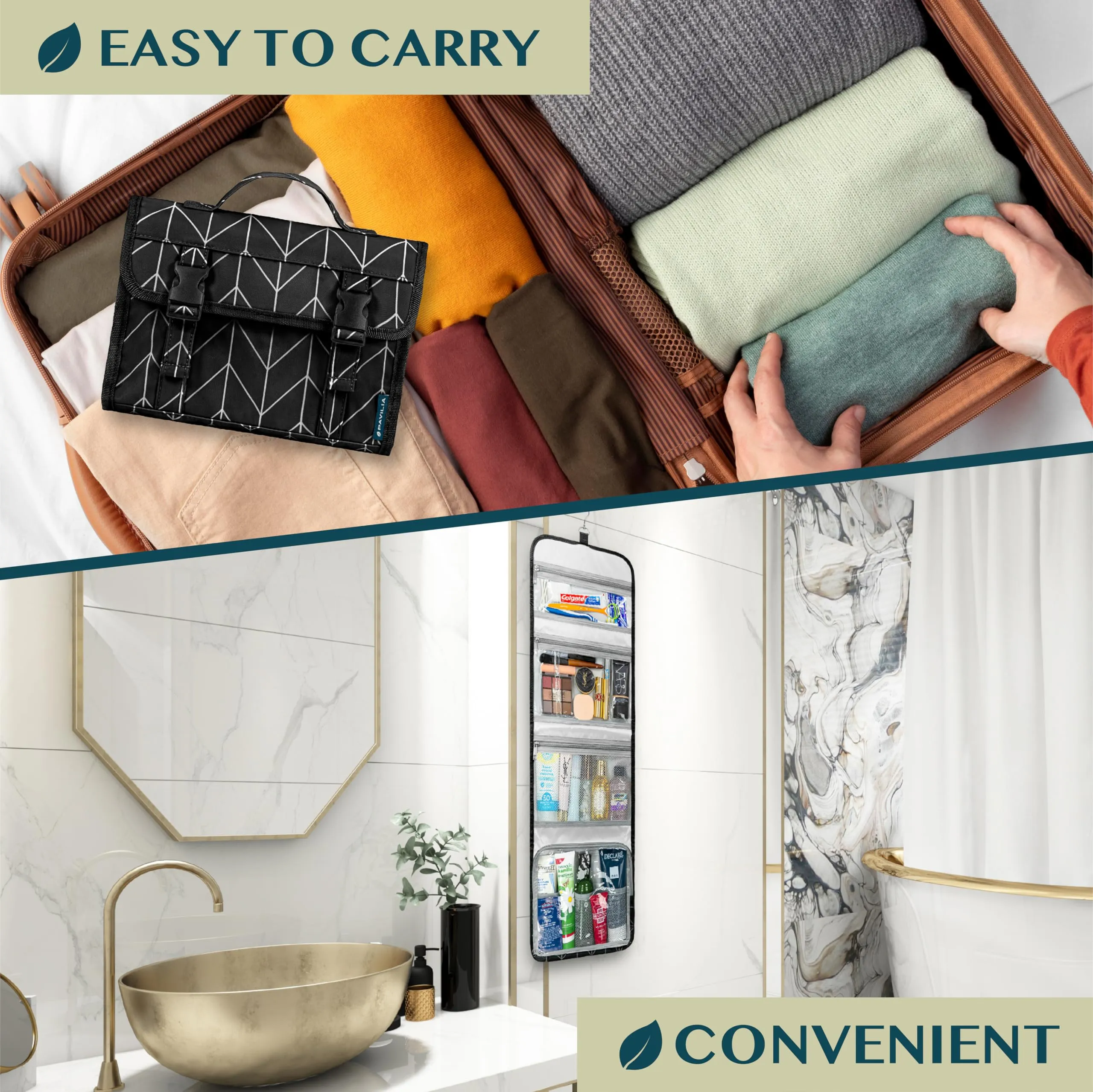 PAVILIA Travel Hanging Toiletry Bag for Women Men, Large Capacity Makeup Bag Kit, Waterproof Cosmetic Storage Organizer Case for Bathroom Shower, Black Chevron