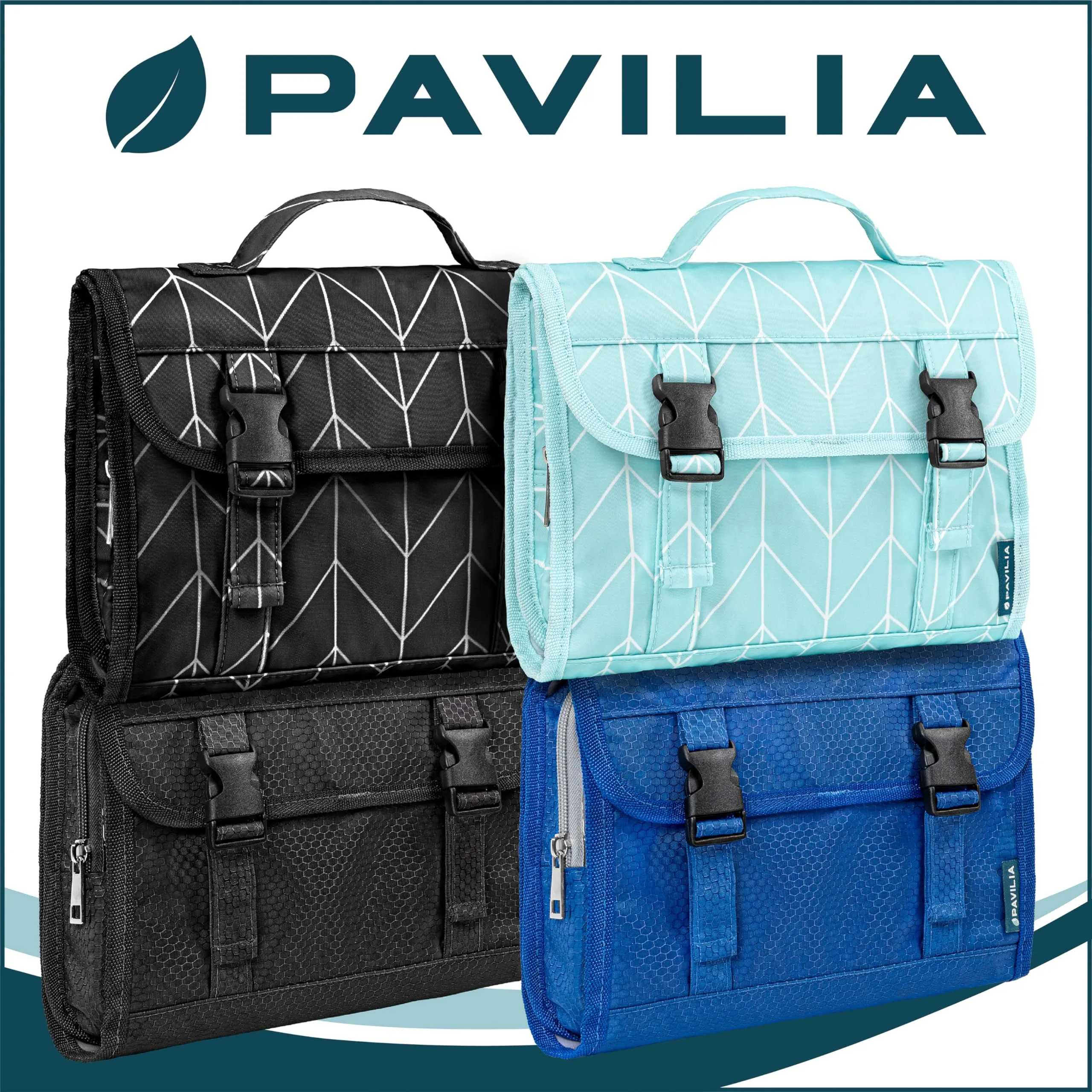 PAVILIA Travel Hanging Toiletry Bag for Women Men, Large Capacity Makeup Bag Kit, Waterproof Cosmetic Storage Organizer Case for Bathroom Shower, Black Chevron