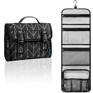 PAVILIA Travel Hanging Toiletry Bag for Women Men, Large Capacity Makeup Bag Kit, Waterproof Cosmetic Storage Organizer Case for Bathroom Shower, Black Chevron