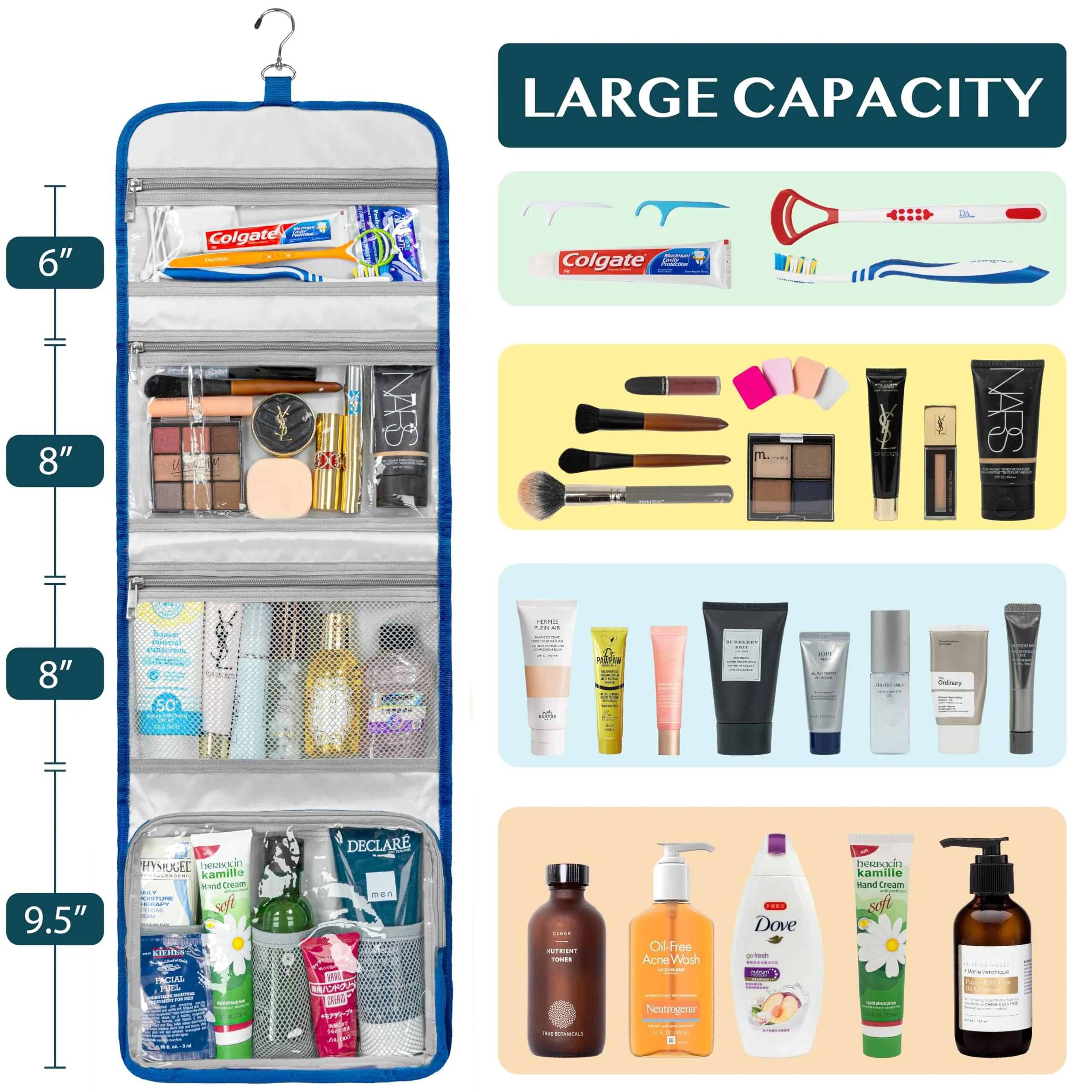 PAVILIA Travel Hanging Toiletry Bag for Women Men, Large Capacity Makeup Bag Kit, Waterproof Cosmetic Storage Organizer Case for Bathroom Shower, Royal Blue