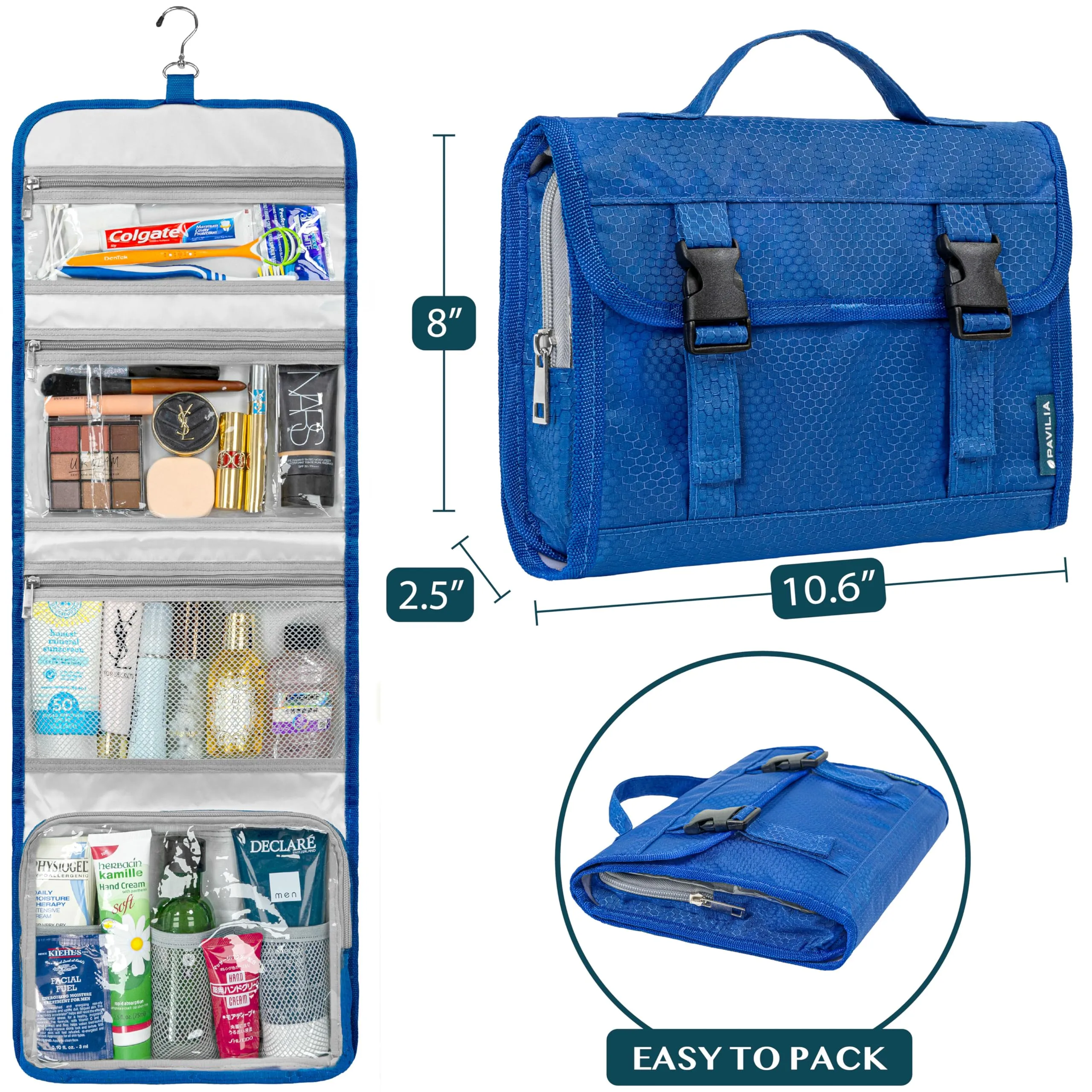 PAVILIA Travel Hanging Toiletry Bag for Women Men, Large Capacity Makeup Bag Kit, Waterproof Cosmetic Storage Organizer Case for Bathroom Shower, Royal Blue