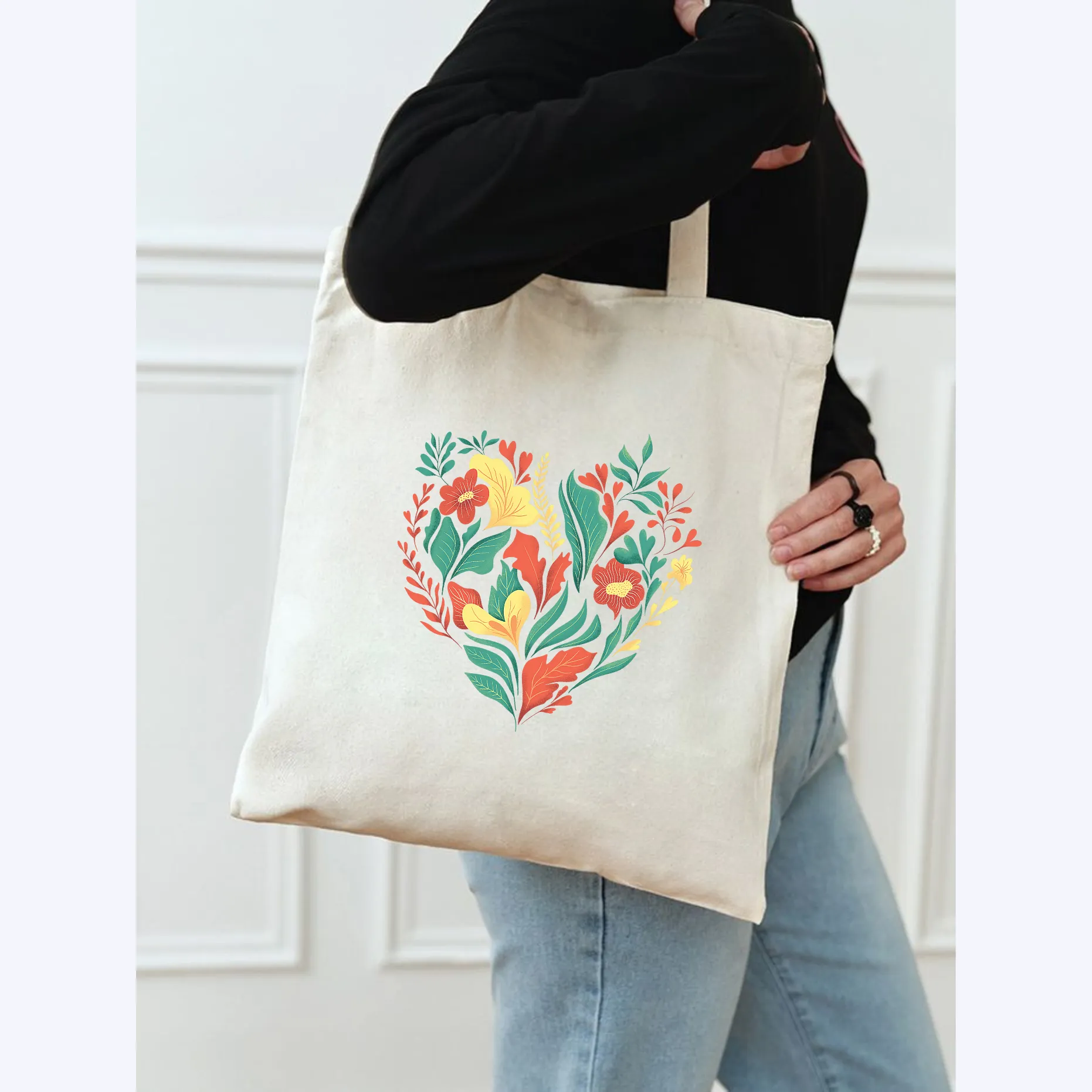 Peach Blossom Women's Cotton Printed Tote Bag With Zipper and Pouch