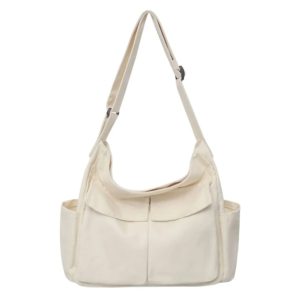 PRAGARI Canvas Messenger Bag Crossbody for Women White Shoulder Aesthetic Laptop Tote Bag Hobo Large Cute School Travel Vintage Multiple Pockets
