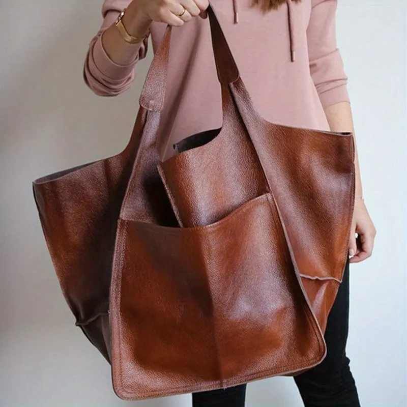 Rretro Big Tote Bag, Solid Color Large-capacity Zipper Shoulder Tote Bags, Multifunction Handbags