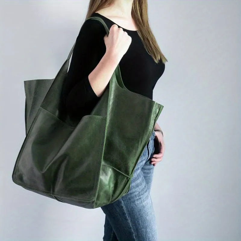 Rretro Big Tote Bag, Solid Color Large-capacity Zipper Shoulder Tote Bags, Multifunction Handbags