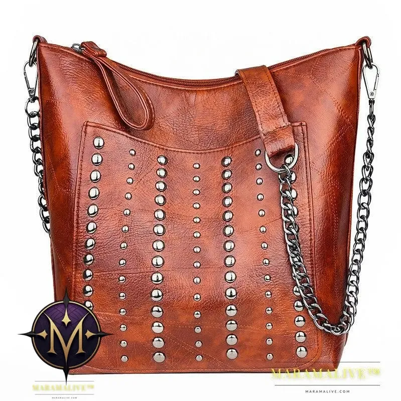 Soft Leather Studded Large Capacity Shoulder Crossbody Bag