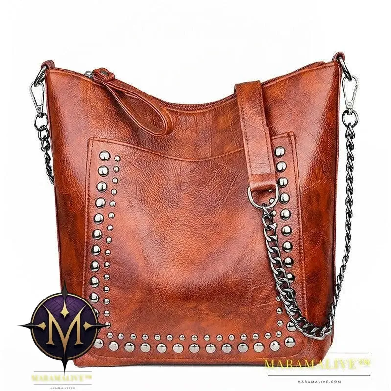 Soft Leather Studded Large Capacity Shoulder Crossbody Bag