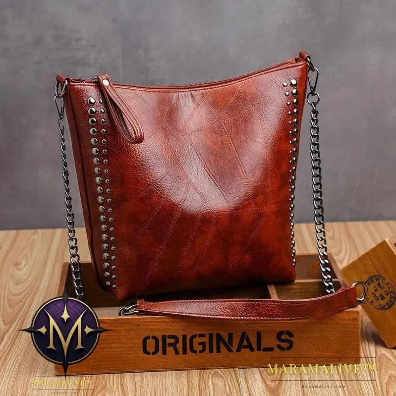 Soft Leather Studded Large Capacity Shoulder Crossbody Bag